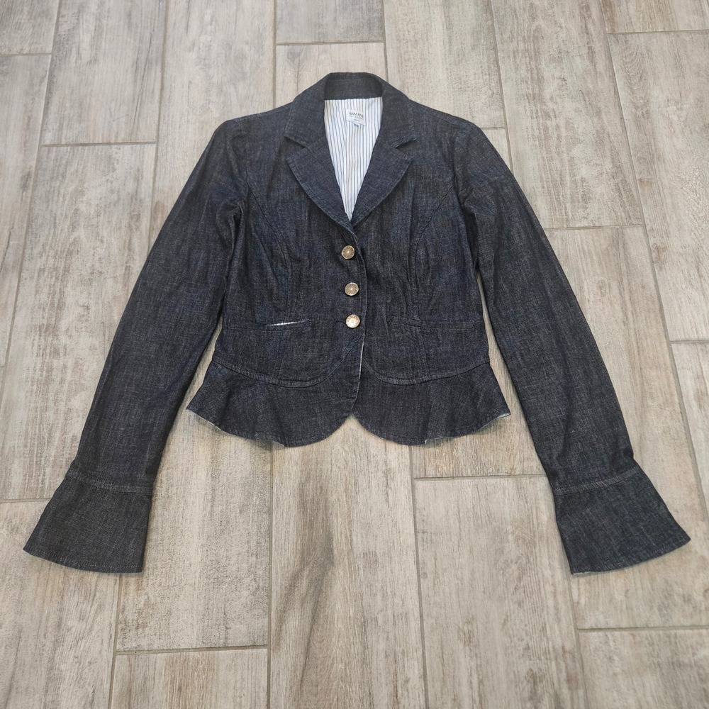 Armani Collezioni Denim Blazer Size 4 Peplum Flared Cuff Italy Luxury Y2K Dark